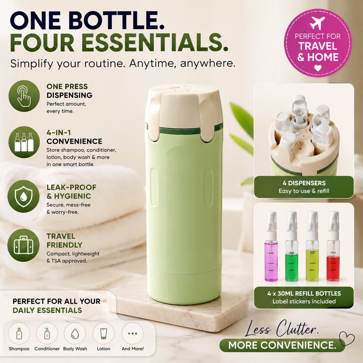 QuadPump™- One Press. Four Essentials. A Better, Cleaner Routine.